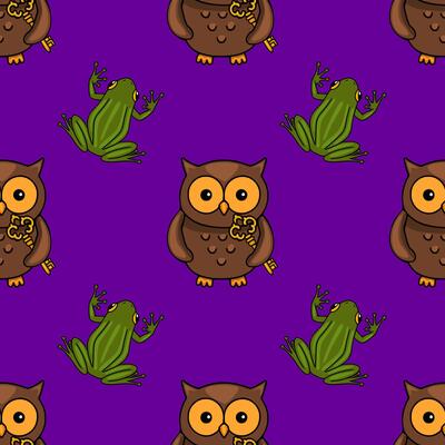 Seamless pattern featuring adorable cartoon owls holding golden keys and playful green frogs on a vibrant purple background, ideal for Halloween or whimsical designs.