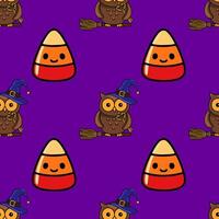 Seamless Halloween pattern with cute cartoon owls in witch hats riding broomsticks and candy corn on a vibrant purple background, perfect for festive designs. vector