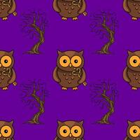 Seamless pattern featuring cute brown owls holding golden keys and spooky bare trees on a deep purple background, perfect for Halloween or autumn designs. vector