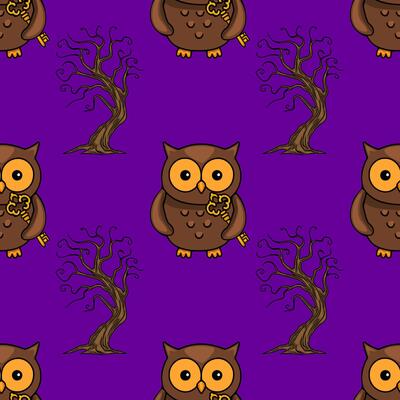 Seamless pattern featuring cute brown owls holding golden keys and spooky bare trees on a deep purple background, perfect for Halloween or autumn designs.