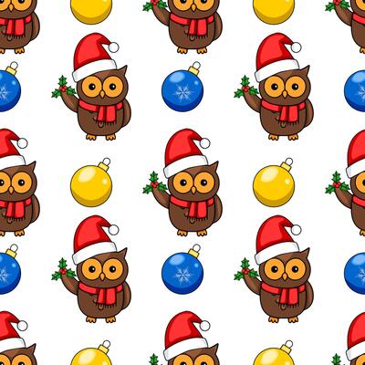 Seamless Christmas pattern with cute owls in Santa hats, holding holly, and colorful baubles, creating a festive and joyful winter design.