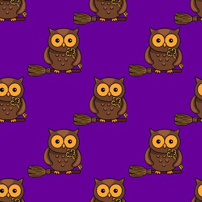 Seamless pattern with cute brown owls on broomsticks holding golden keys, perfect for Halloween or autumn designs.