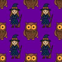 Seamless pattern featuring a cute witch with a starry dress and broom, accompanied by adorable owls holding golden keys, all set against a vibrant purple background, perfect for Halloween de... vector