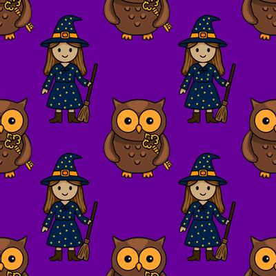 Seamless pattern featuring a cute witch with a starry dress and broom, accompanied by adorable owls holding golden keys, all set against a vibrant purple background, perfect for Halloween de...