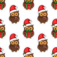 Seamless pattern of cute Christmas owls in Santa hats, some holding gifts and candy canes, on a white background, perfect for festive designs. vector