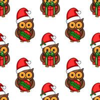 Seamless pattern of cute cartoon owls in Santa hats, some holding Christmas presents, others Christmas balls, on a white background, perfect for festive designs. vector