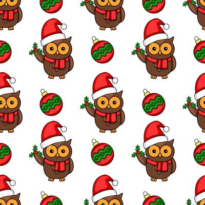 Seamless Christmas pattern featuring adorable owls in Santa hats, holding holly sprigs, and surrounded by festive ornaments, creating a charming and whimsical holiday design.
