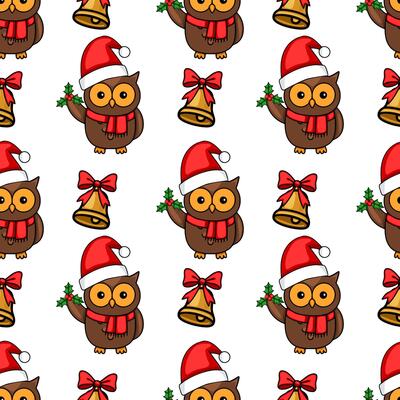 Seamless Christmas pattern with cute owls wearing Santa hats, holding holly, and golden bells with red bows, creating a festive and joyful winter design.