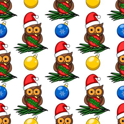Seamless pattern featuring adorable owls in Santa hats, holding Christmas ornaments and perched on pine branches, creating a festive and cheerful winter design.