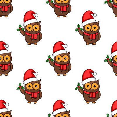 Seamless pattern of cute cartoon owls wearing Santa hats, holding holly sprigs, perfect for festive Christmas designs.