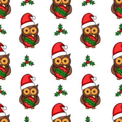 Seamless Christmas pattern featuring adorable owls in Santa hats, holding Christmas baubles, and interspersed with sprigs of holly berries.