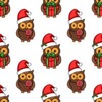 Seamless pattern featuring adorable cartoon owls in Santa hats, some holding gifts, others with lollipops, creating a festive Christmas design. vector