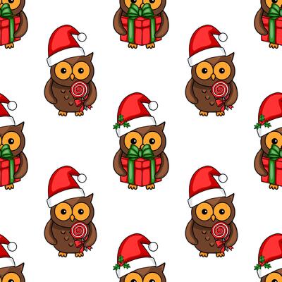Seamless pattern featuring adorable cartoon owls in Santa hats, some holding gifts, others with lollipops, creating a festive Christmas design.