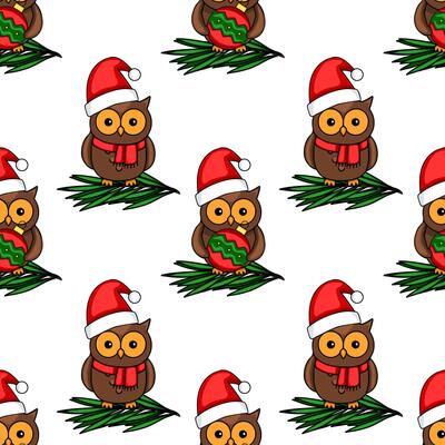 Seamless pattern featuring adorable cartoon owls in Santa hats, holding Christmas ornaments, perched on festive green branches, creating a cheerful holiday design.