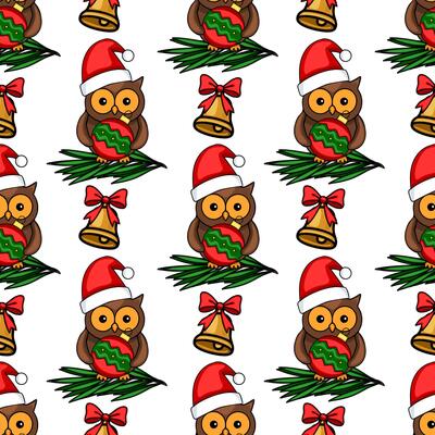 Seamless pattern featuring adorable owls in Santa hats, holding Christmas baubles, nestled on fir branches, interspersed with golden bells and red bows, creating a festive winter design.