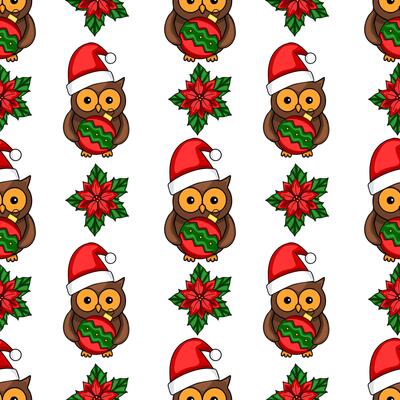 Seamless pattern of cute owls in Santa hats holding Christmas baubles, interspersed with poinsettia flowers, creating a festive and cheerful winter design.