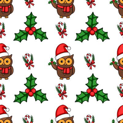 Seamless Christmas pattern featuring adorable owls in Santa hats, holding holly sprigs, surrounded by candy canes and festive bows, creating a charming winter holiday design.