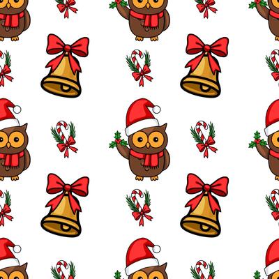 Seamless Christmas pattern featuring adorable owls in Santa hats, jingle bells with red bows, and candy canes with holly sprigs, creating a festive and charming winter design.