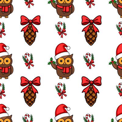 Seamless Christmas pattern with cute owls wearing Santa hats, pine cones, candy canes, and holly sprigs, designed for festive backgrounds and winter holiday projects.