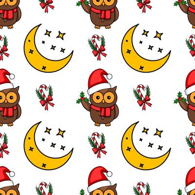 Seamless Christmas pattern with cute owls in Santa hats, candy canes, mistletoe, and crescent moons, perfect for festive winter designs.