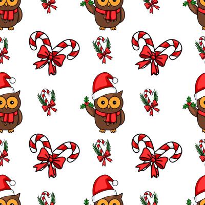 Seamless Christmas pattern featuring adorable cartoon owls in Santa hats, candy canes with red bows, and holly sprigs, creating a festive and playful design perfect for winter holidays.