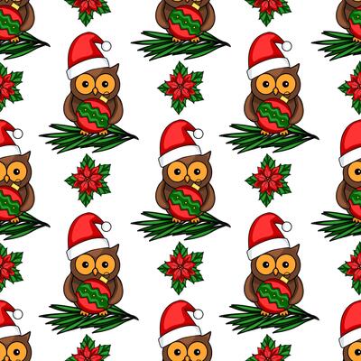 Seamless pattern featuring adorable owls in Santa hats, holding Christmas baubles, nestled on pine branches, adorned with festive poinsettias.