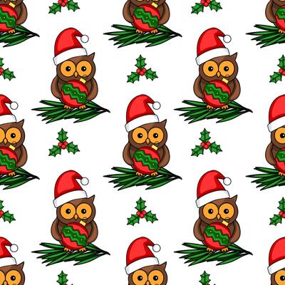 Seamless Christmas pattern featuring adorable owls in Santa hats, holding festive ornaments, nestled on pine branches with holly berries, creating a charming winter holiday design.