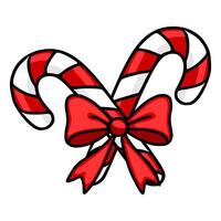 Festive illustration of two candy canes tied together with a vibrant red bow, showcasing a cheerful Christmas spirit with bold outlines and glossy candy cane stripes. vector