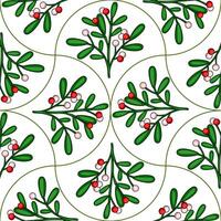 Seamless pattern of stylized mistletoe branches with red and pink berries, arranged in a repeating geometric design with curved lines on a white background. vector