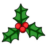 Festive illustration of a stylized holly sprig with three red berries, featuring bold outlines and vibrant green and red colors, ideal for Christmas designs. vector