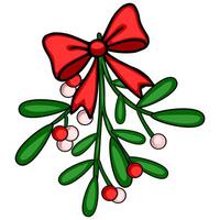 Festive illustration of a mistletoe sprig adorned with a vibrant red bow, featuring handdrawn style with bold outlines and rich color palette, perfect for Christmas designs. vector