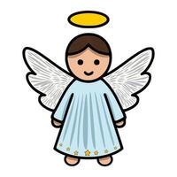 Adorable illustration of a Christmas angel with detailed wings and a halo, featuring a light blue robe and gold stars, perfect for festive designs. vector