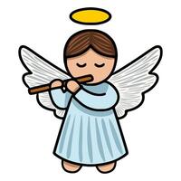 Adorable illustration of a cherubic angel playing a flute, featuring a light blue robe, detailed wings, and a golden halo, perfect for Christmas cards or religious designs. vector