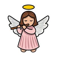 Adorable illustration of a cherubic angel playing a flute, depicted in a charming cartoon style with distinct features and pastel colors. vector