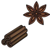 Aromatic Spices Illustration Detailed depiction of star anise and cinnamon sticks, showcasing their intricate textures and warm brown hues, ideal for culinary or festive designs. vector