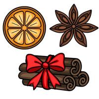 Festive illustration of a dried orange slice, star anise, and cinnamon sticks tied with a red ribbon, perfect for Christmas designs and winter holiday projects. vector