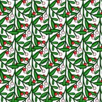 Seamless pattern of stylized mistletoe branches with red and pink berries on a white background, perfect for Christmas holiday designs. vector