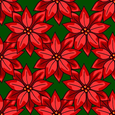 Seamless Christmas pattern with stylized red poinsettia flowers on a dark green background, perfect for festive designs and winter holiday projects.