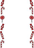 Festive Christmas border design featuring candy canes, lollipops, and wrapped sweets in a cheerful red and white color scheme, perfect for holiday invitations or cards. vector
