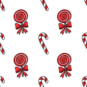 sin costura modelo presentando encantador rojo y blanco piruletas con arcos y caramelo bastones, creando un festivo y alegre Navidad diseño. vector