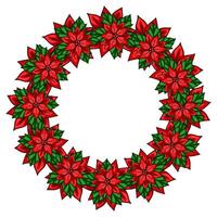 Festive Christmas wreath design featuring vibrant red poinsettia flowers and lush green leaves, perfect for holiday cards and invitations. vector