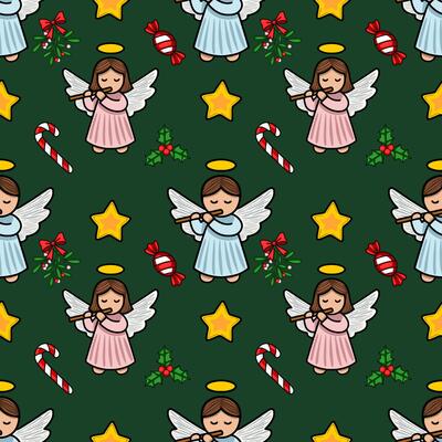 Seamless Christmas pattern with cute angels playing flutes, candy canes, stars, and holly berries on a dark green background, creating a festive and whimsical winter design.