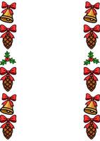 Festive Christmas border design with golden bells, pine cones, red bows, and holly berries, perfect for holiday cards and invitations. vector
