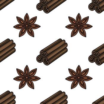 Seamless pattern featuring intricately detailed illustrations of cinnamon sticks and star anise, creating a warm and spicy visual texture perfect for festive designs. vector