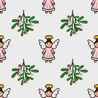 Seamless Christmas pattern featuring adorable angels in pink dresses and mistletoe sprigs with red and white berries, creating a charming and festive design. vector
