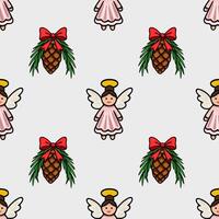 Seamless Christmas pattern featuring adorable angels in pink dresses and pine cones adorned with red bows, creating a charming and festive design ideal for holiday projects. vector
