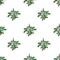 Seamless pattern of mistletoe sprigs with red and white berries on a white background, perfect for Christmasthemed designs and festive decorations. vector