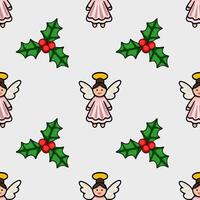 Seamless Christmas pattern featuring adorable pink angels with halo and wings, and holly berries, creating a charming and festive design perfect for winter holidays. vector