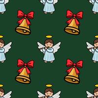 Seamless Christmas pattern featuring charming angels playing flutes and golden bells with red bows on a deep green background, creating a festive and whimsical design. vector