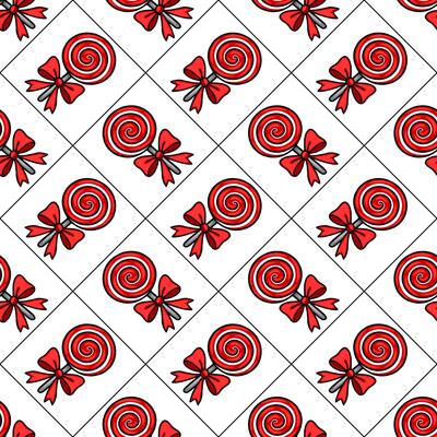 Seamless pattern of red lollipops with red bows on a white background, arranged in a diagonal grid, perfect for festive designs.